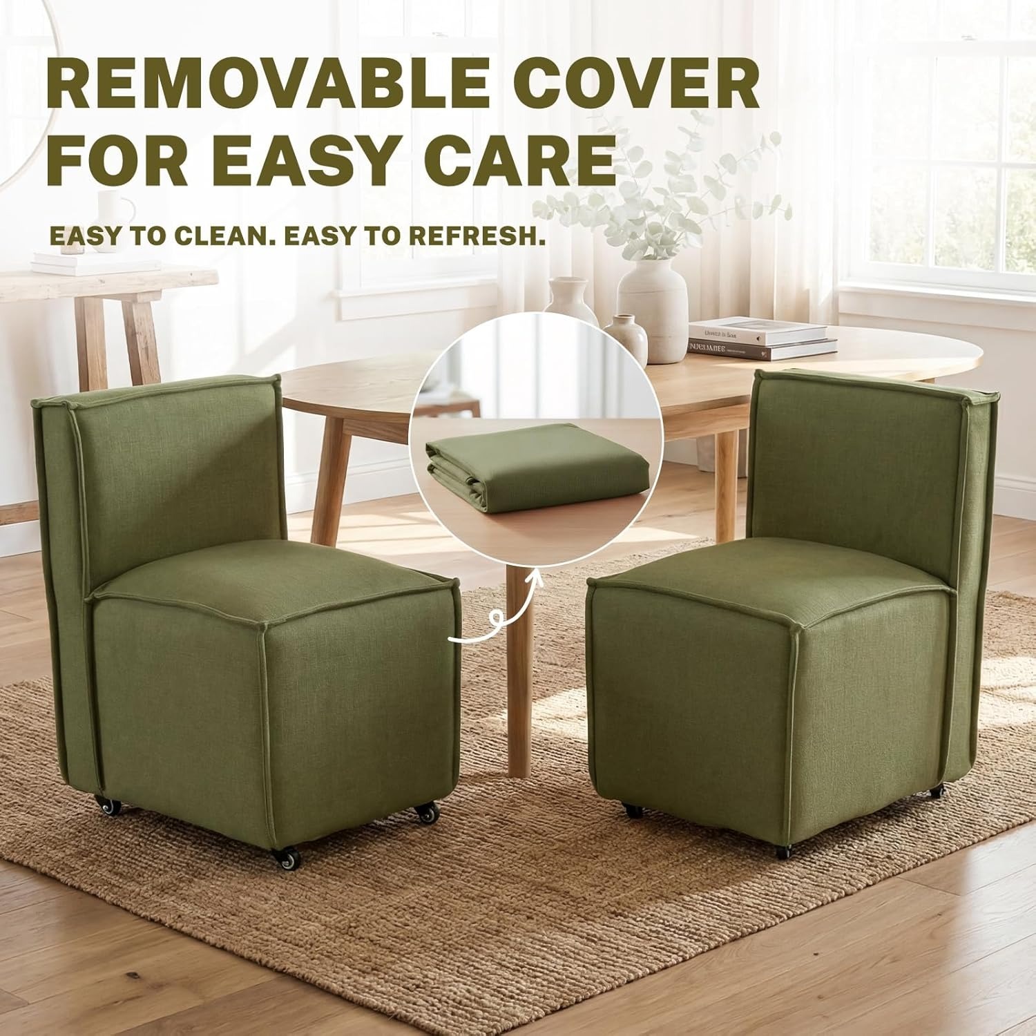Set of 2 Modern Dining Chairs with Casters Armless Rolling Dining Chairs with Rollers for Kitchen and Dining Room, Removable Cover, Minimalist Style, Specific Style