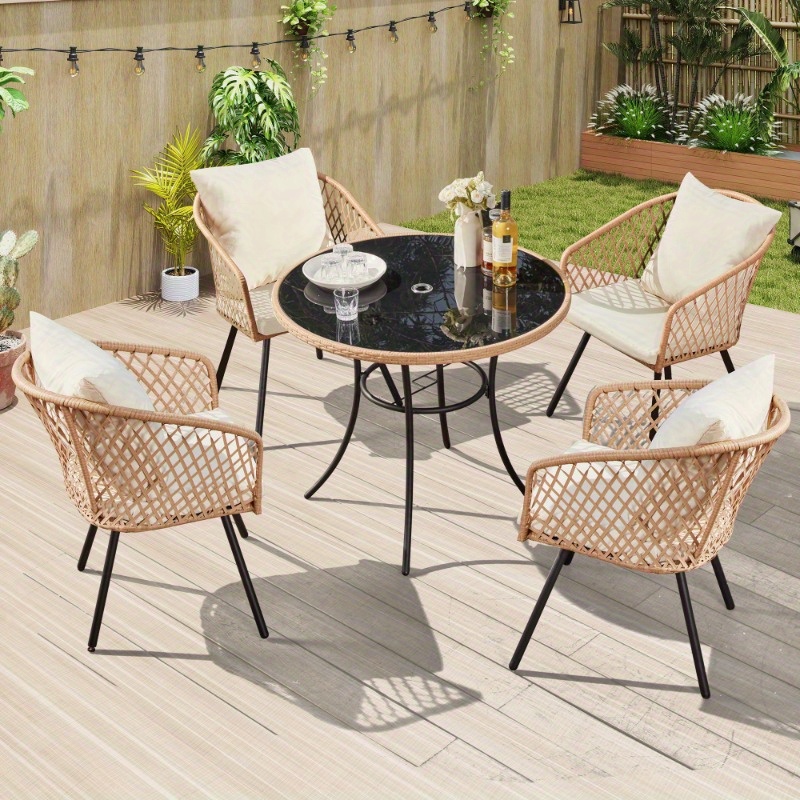 35'' square patio dining table for 4, tempered glass top wicker