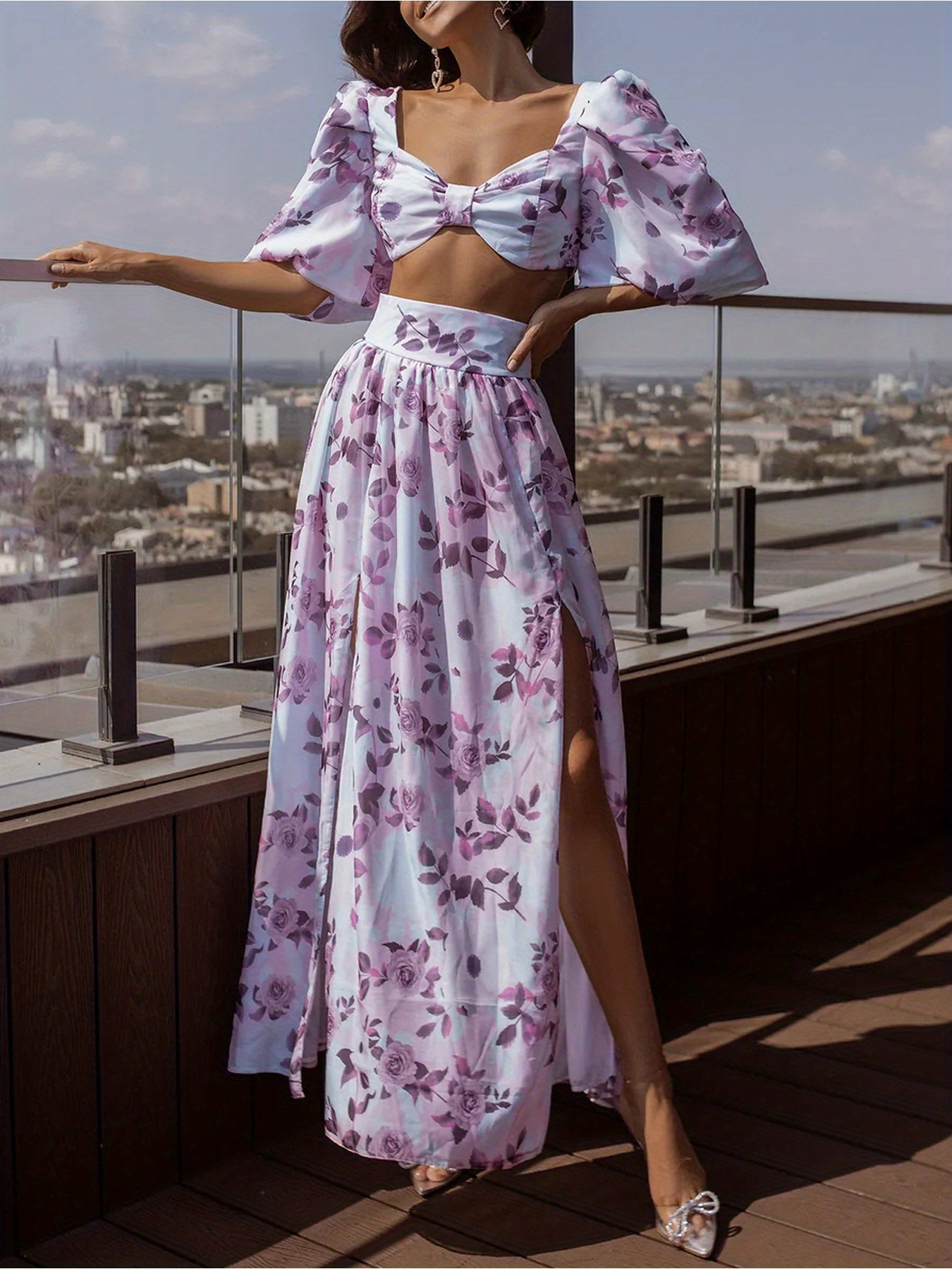 elegant floral print shoulder top pleated skirt two piece Temu