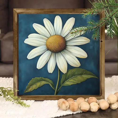 vintage daisy wooden wall art with frame 8x8 inch rustic home office decor farmhouse aesthetics and gifts