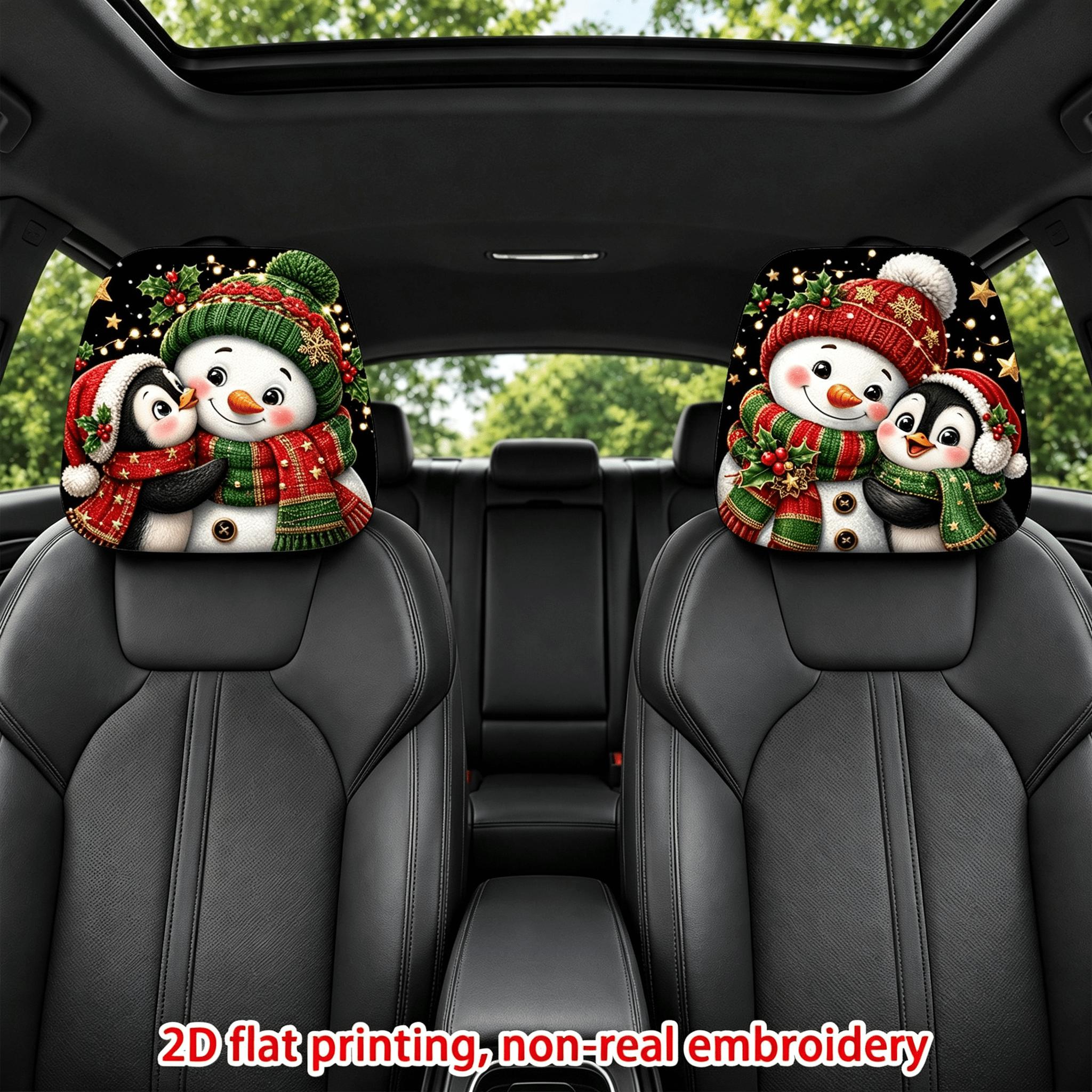 TEMU Parure de 2 housses d'-tête de voiture imprimées avec un adorable motif de de neige et de , pleines de fantaisie, plates en 2D, style de Noël ,