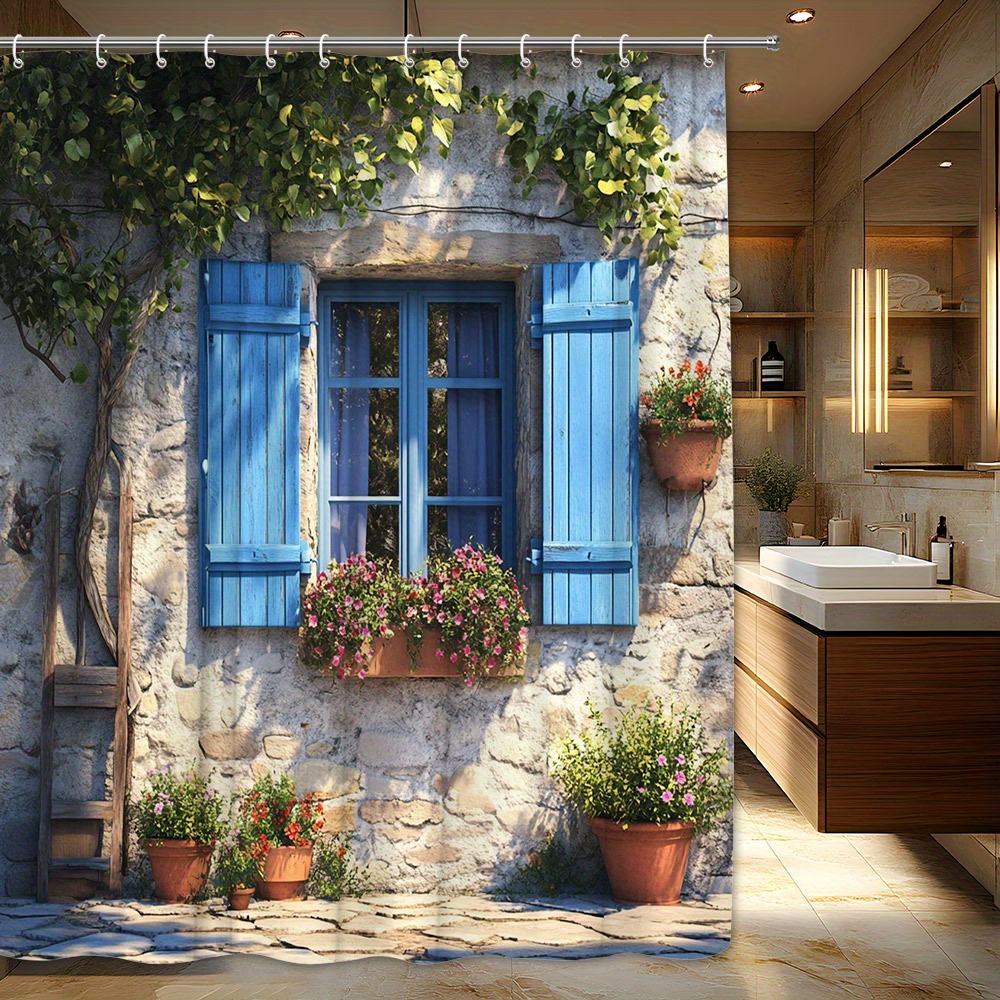 TEMU 1pc Stone Cottage Wall Shower Curtain With Blue Shutters And Potted Flowers - Polyester Fabric Bathroom Decor, Includes 12 Hooks, 70.87 X 70.87