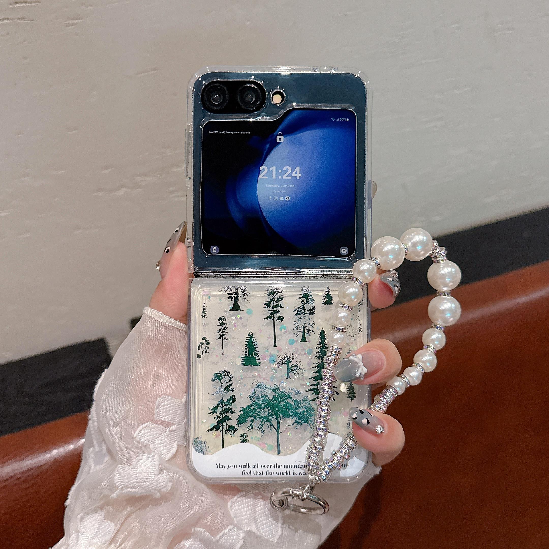TEMU Phone Case - -the-dark Sand The Screen With A Forest Design + Large And Small Pearl Protective Phone Case For S Z Flip 7, Z Flip 7 Fe, Z Flip 6,