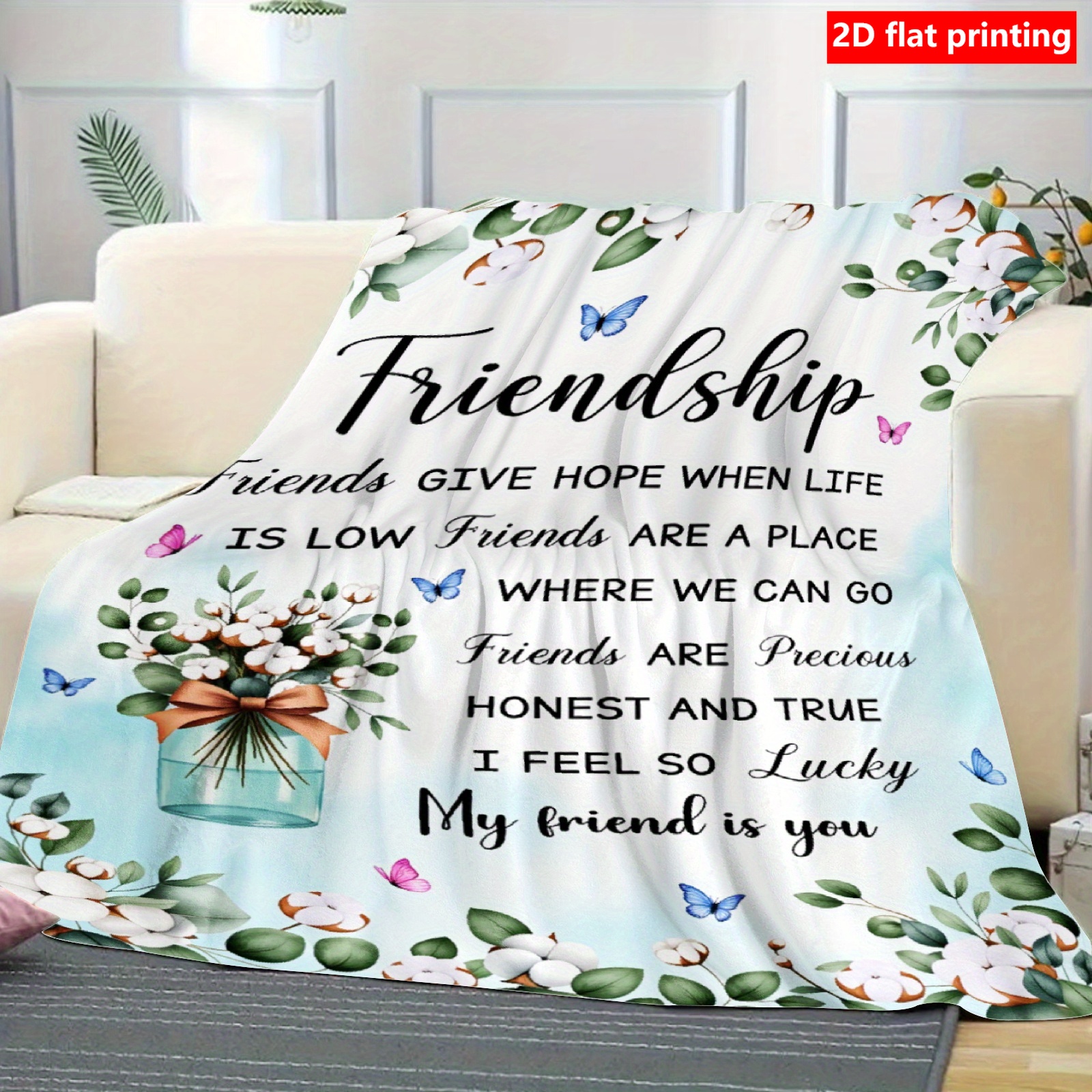 TEMU 2d Flat Printing 1pc, Best Friend Theme Flannel Blanket, Soft And Comfortable Use, Floral Friendship Quote Print, Letter Design Women's Style,