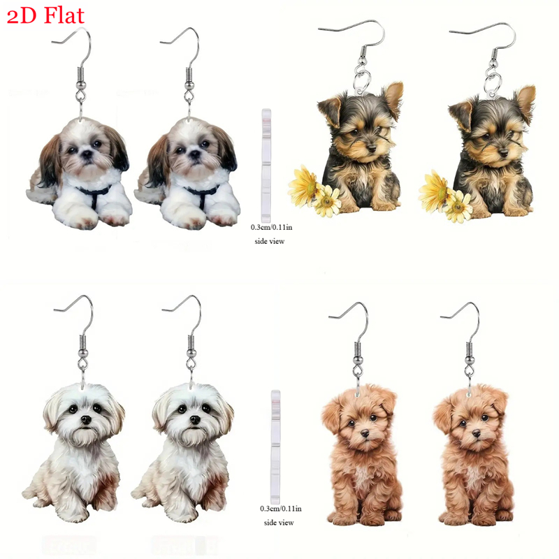 TEMU Boucles d'oreilles pendentives 2D plates en acrylique, 4 paires, motif chiot , bijoux légers pour animaux de compagnie, boucles d'oreilles chien