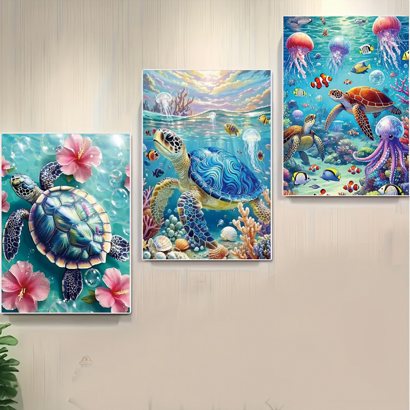 TEMU 3 Sets Diamond Painting Sea Turtle Coral Jellyfish Octopus Handmade Full Diamond 3pcs Hanging Canvas, Scenery Aesthetic Art Decor Painting,