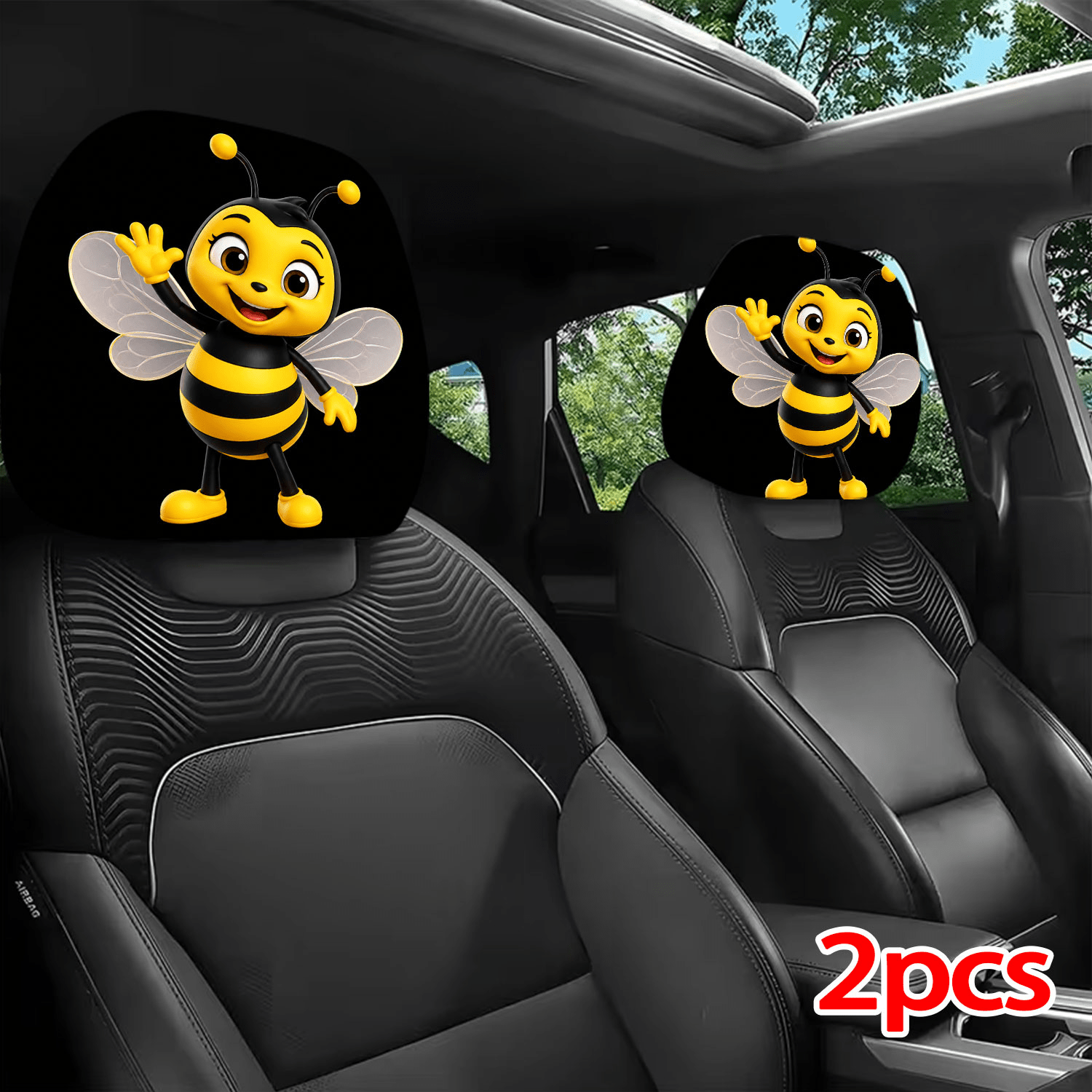 TEMU 2pcs Housses d'-Tête de Voiture à Imprimés, Décoration Intérieure Design Abeille Cartoon , Installation Universelle Ajustement Élastique, Idéal