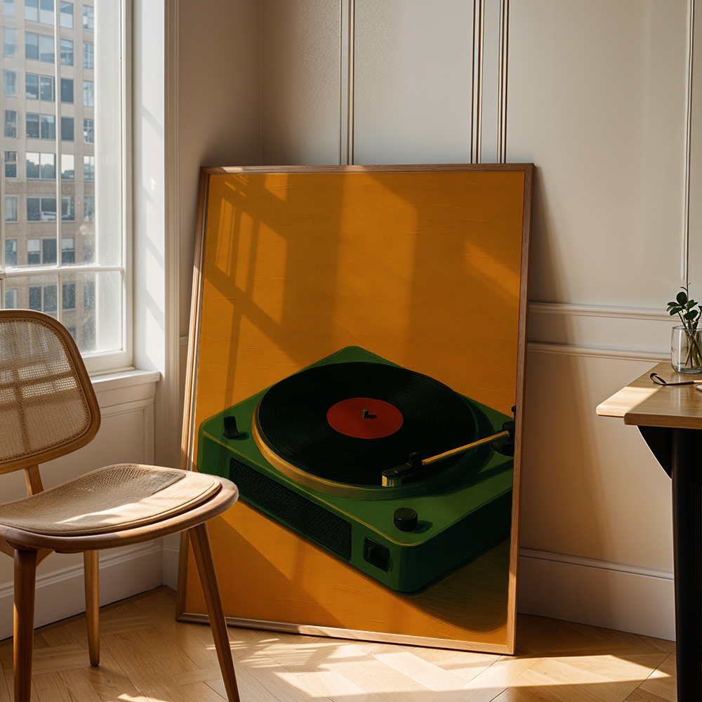 E-shop 2D Flach, Wanddekoration, Vintage Poster, Grüne Plattenspieler Leinwandmalerei, Senfgelbe Vinyl-Schallplatten Kunstdrucke, Wohnzimmerdekoration,
