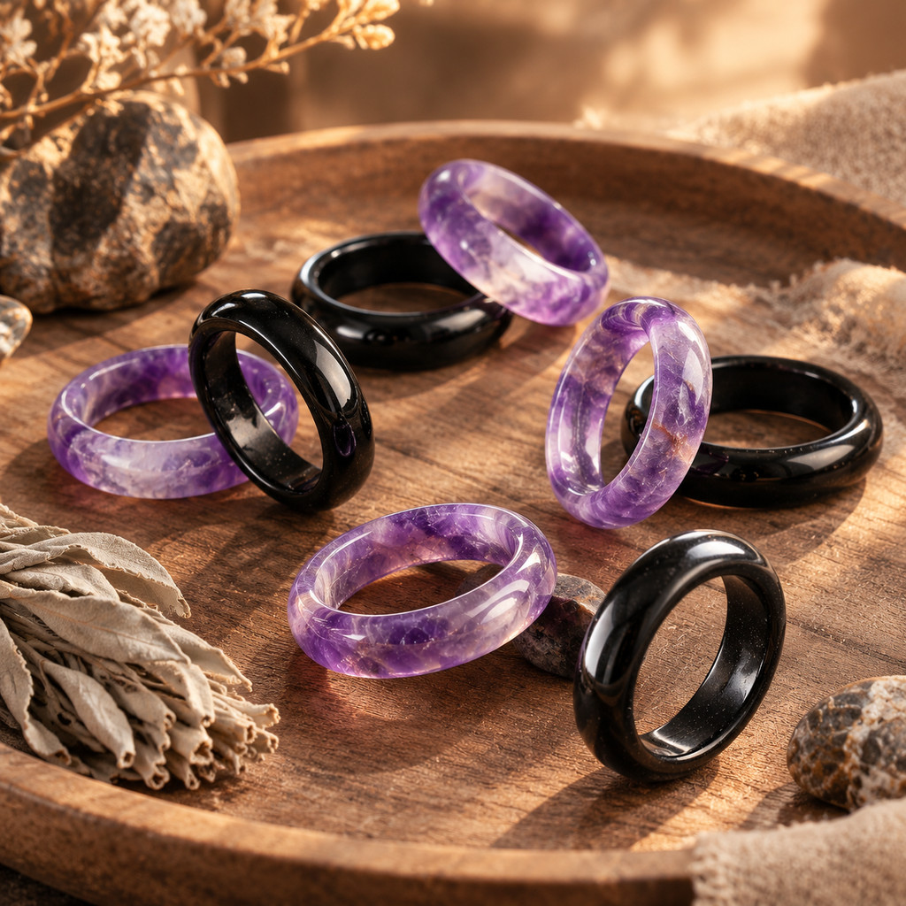 2pcs Natural Amethyst & Obsidian Stackable Ring Set for Women