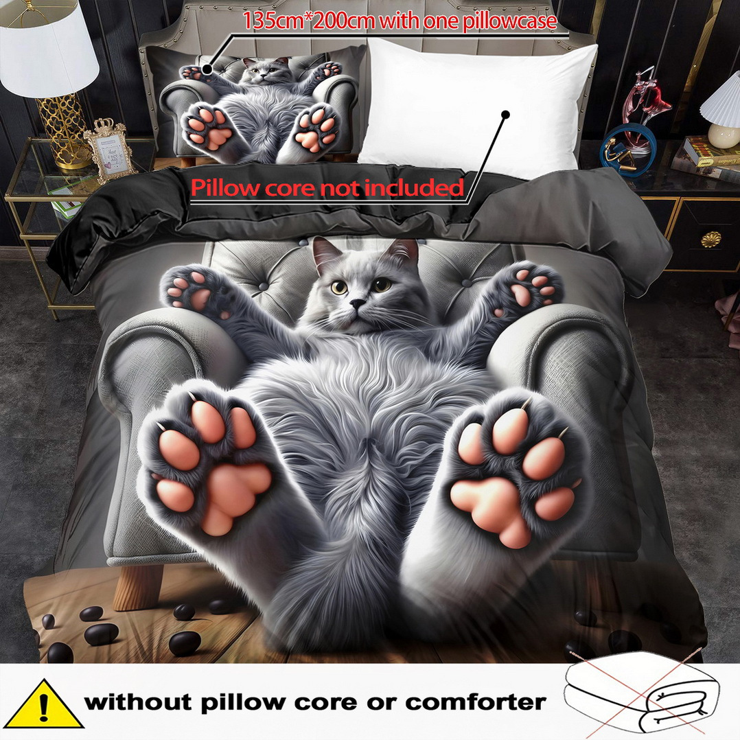 Image of 2/3pcs Quilt Cover Set, Cute Cat Print Duvet Cover Set, Style Bedding Set, Polyester Machine Washable, Quilt Decoration, Bedroom , Birthday Gift (includes 1 Duvet Cover + 1 Pillowcases, No Quilt Core)