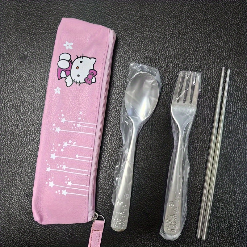 Image of 3pcs Cartoon Cute Hello Kitty Cutlery Set With Zipper Bag, Cute Hello Kitty Stainless Steel Chopsticks, Fork, Spoon, Convenient For Daily , Travel, Camping, Easy To Carry Tableware Supplies