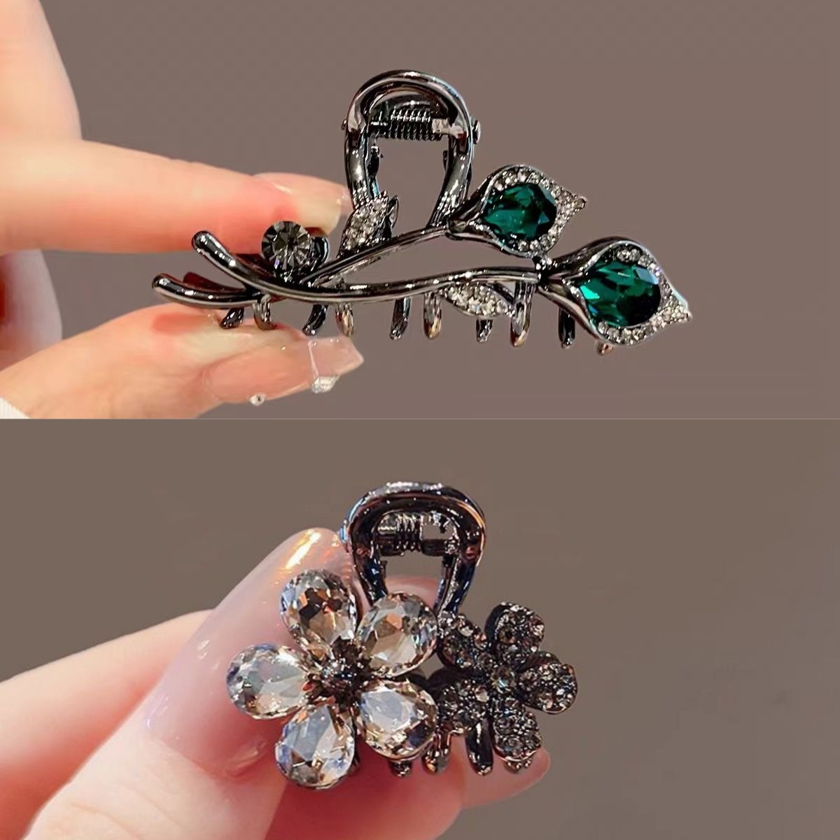 TEMU 2pcs Set: Elegant Rhinestone Flower Mini Mini Claw Clip For Half-up Hairstyles, Shark Clip Hair Accessory For Women, Side Bangs And Hair Clip