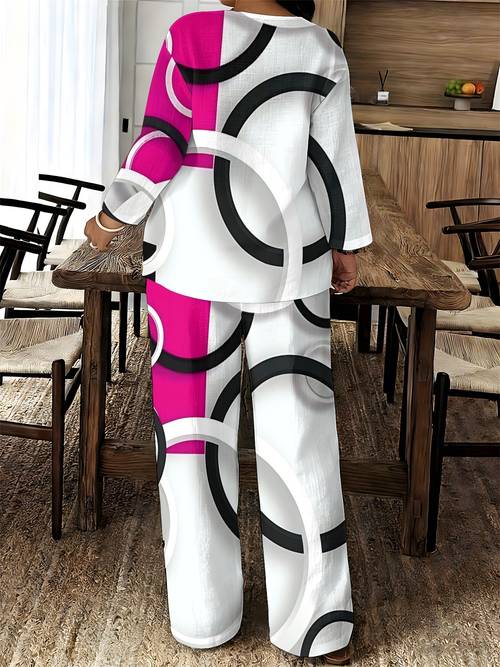 womens v neck long sleeve geometric print two piece set casual loose top and wide leg pants combination modern abstract black white and lightweight and comfortable suitable for daily wear and casual occasions