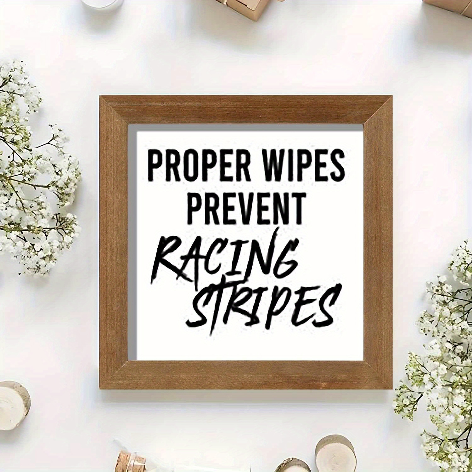 1pc Funny Racing-themed " Wipes Prevent " Wood Frame Sign - 8x8 Inch Farmhouse Bathroom Wall Art Plaque, Humorous Restroom Decor, Toilet Paper Holder Companion, Durable Wood Signage For Home &