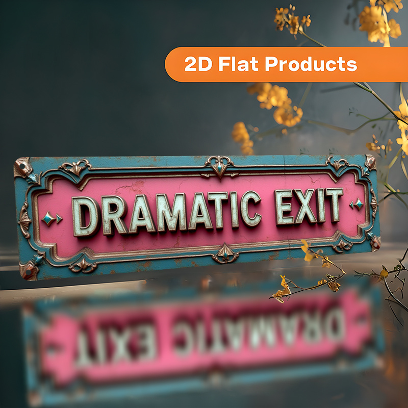 TEMU 2d Flat, 2d Flat - A Vintage-style Aluminum Sign Featuring A 2d Flat Design That "dramatic Exit". It Measures 10x40cm (3.9x15.7 Inches) And