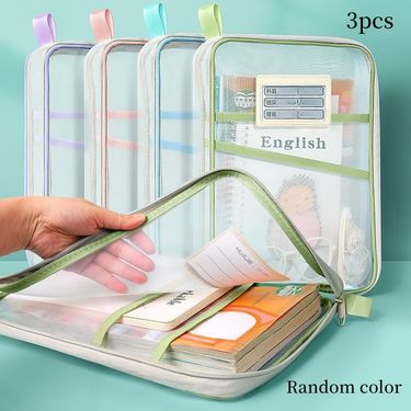 3 Random Color A4 Zipper File Folders, Document Pouches, Stationery and Book Bags, Office and School Supply Organizers. Made of Thick, Durable Mesh Material with Multi-compartment Storage. Suitable for Student Test Papers, Books, School and Office