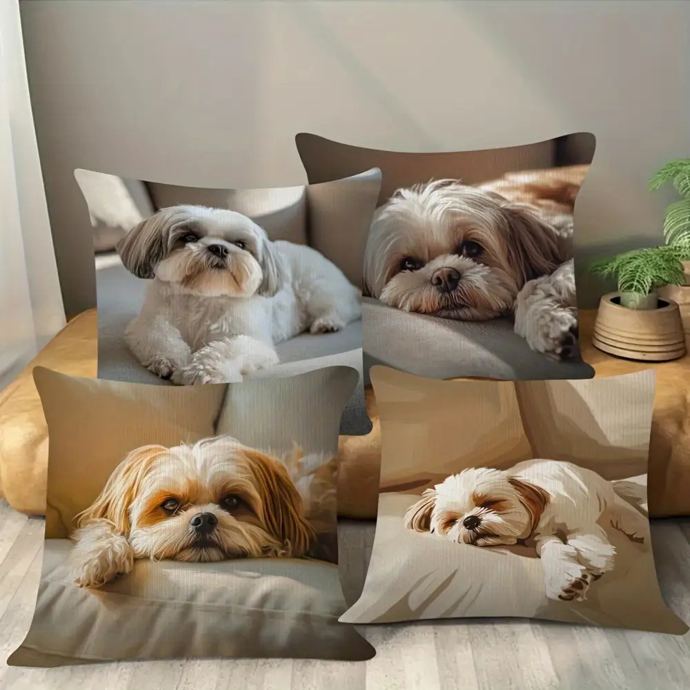 TEMU 4pcs Single-sided Cute Shih Tzu Dog Pillow Cover | White And Brown Plush Printed, Zipper Closure, Machine Washable, Suitable For Sofa, Living