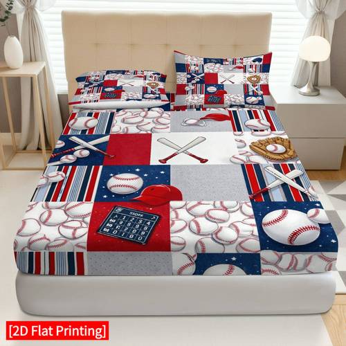 3pcs baseball bedding suitable for room themed soft breathable mattress protector with zipper closure striped fitted sheet and pillowcases machine washable for decor baseball theme 2d flat