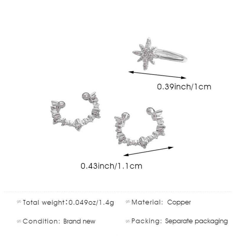 E-shop 3-teiliges Set modische vielseitige Ohrringe für Damen: Achtzackiger Stern 3-teiliges Set Clip-On Ohrringe, leichter Luxus, hochwertiges Gefühl,