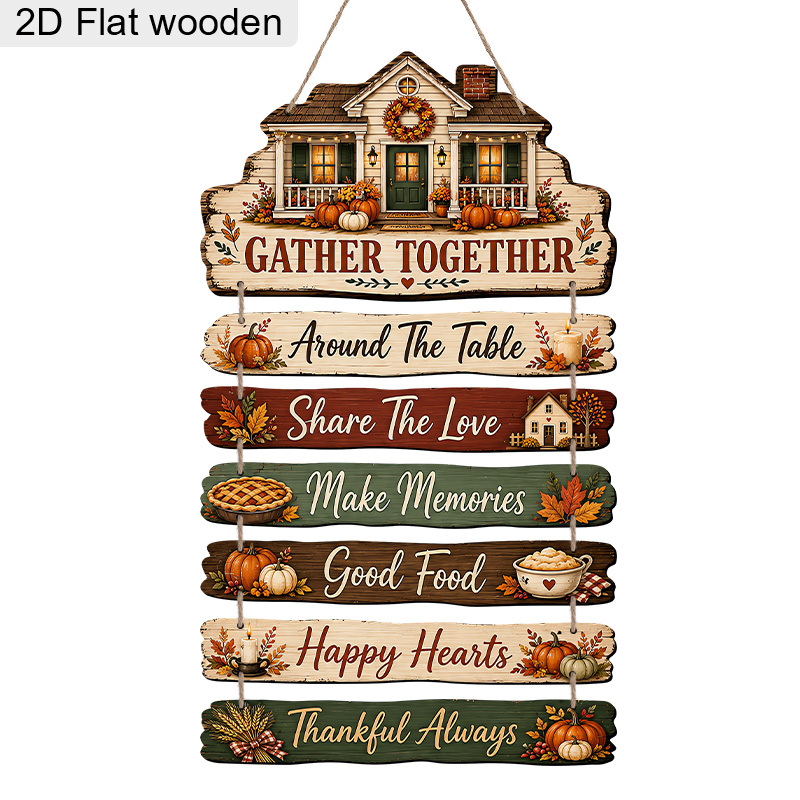 TEMU 2d Flat 7pcs Assembled House Shaped Wooden Hanging Sign, Printed With " And Memories" Slogan And Pie Wheat Candle Holder Pattern, Suitable For