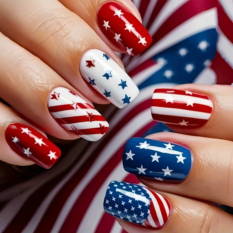 TEMU 48pcs Medium Square Patriotic Nail Stickers - Red White & , Detachable Glossy Finish Nail Art For , Parties, Daily Wear - Affordable Gift For Women, Party Accessories