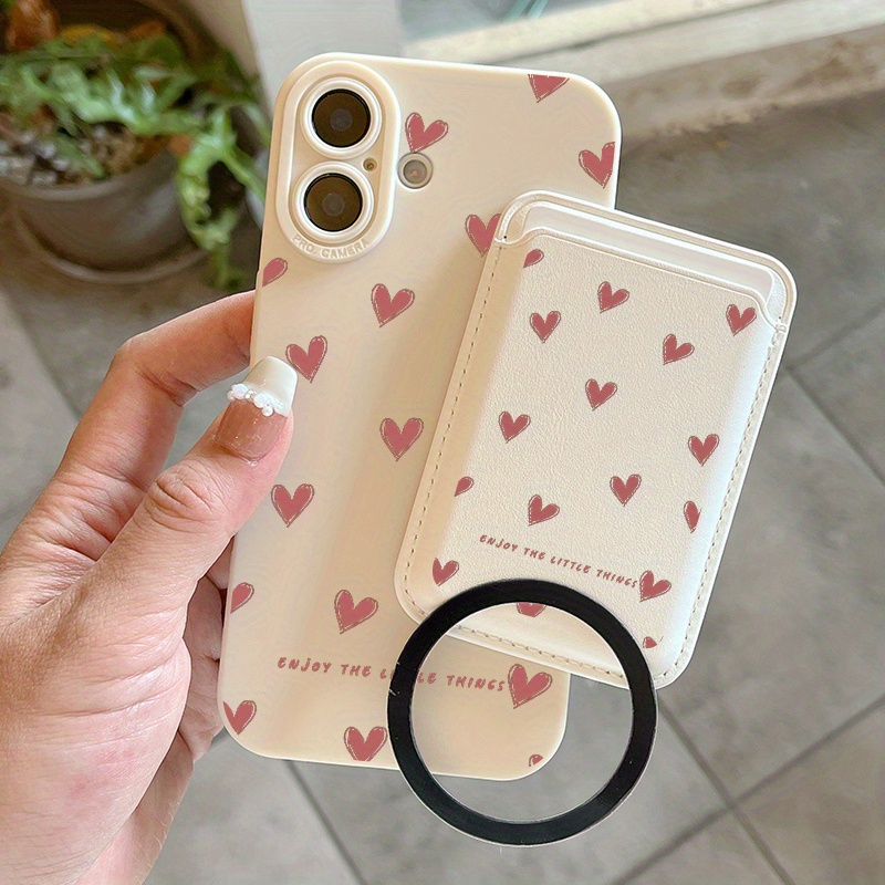 TEMU Phone Case: 2-in-1 Combination 1pc Luxury High Leather Shockproof Full-cover -brown Heart Pattern Magnetic Phone Case For Iphone 16 15 14 13 12