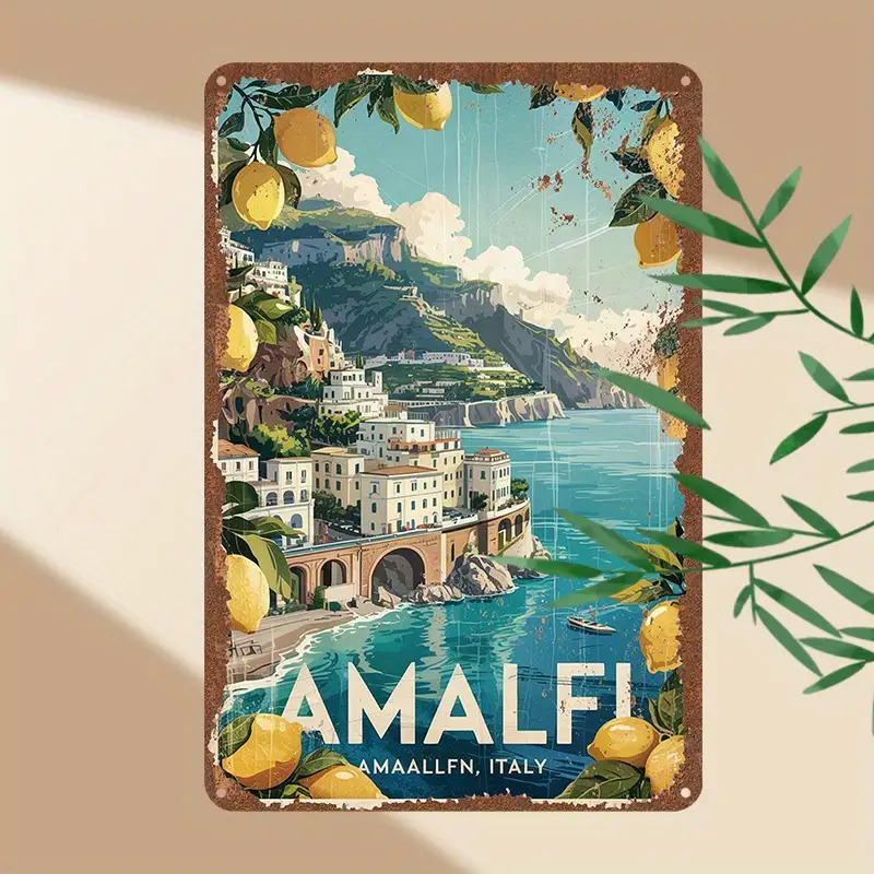E-shop 2D Flach, 1 Stück Vintage Amalfiküste Italien Zitronenbaum Metallschild - 30,48x20,32cm Retro Italienische -Wandkunst mit Zitronen &