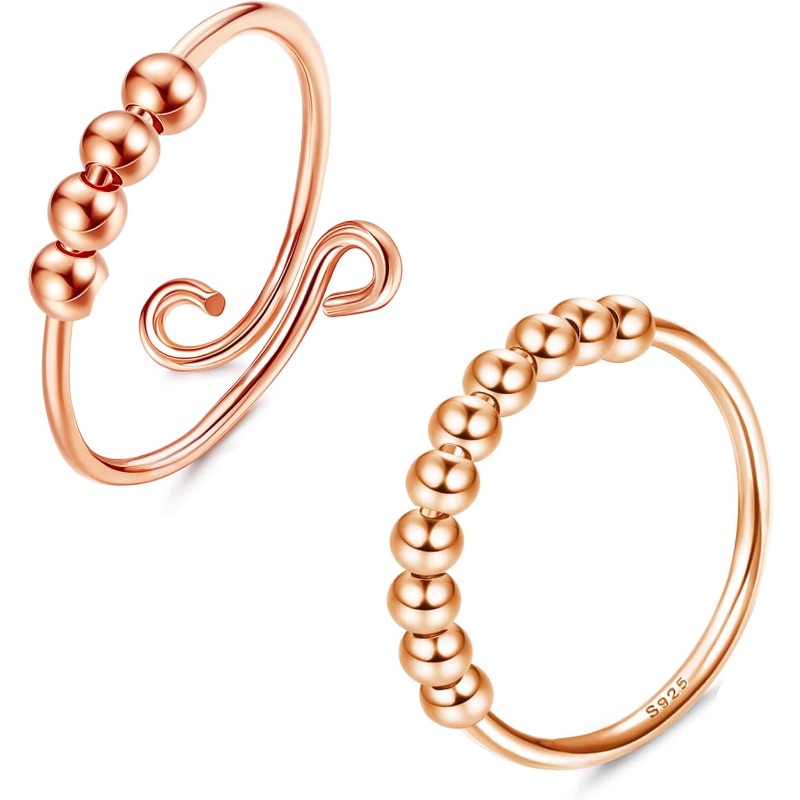 Image of 2pcs Fidget Rings With Beads Spinner Anxiety Anti Stress Ring Stackable Silvery Rose Golden For Mindfulness Focus, For Teenager, For Teenager