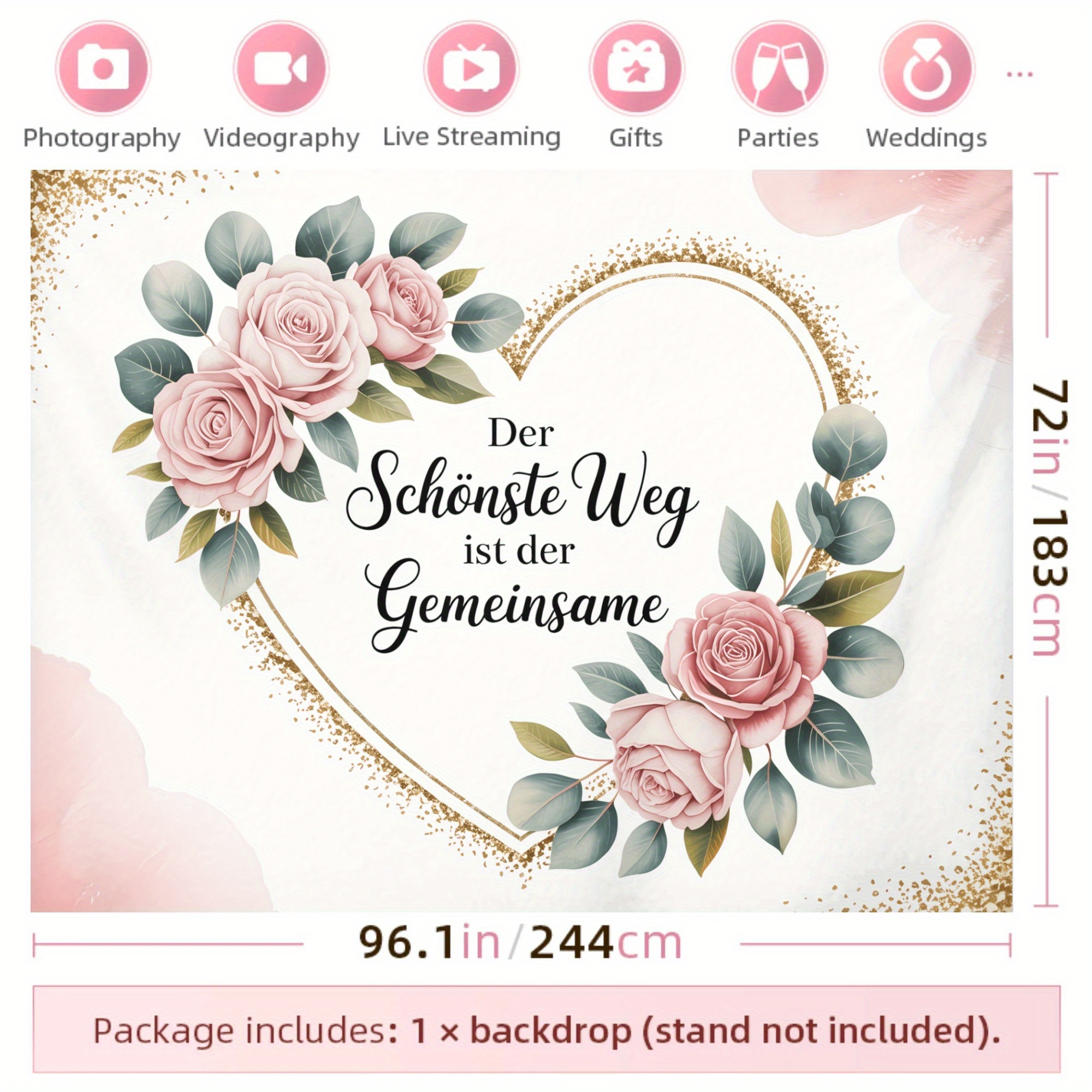 TEMU 2d Flat, 1pc Party Banner, Romantic Wedding Theme Background, 2d Print, German "der Schönste Weg Ist Der Gemeinsame", Flower Pattern Backdrop