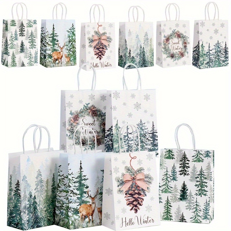 

Winter Gift Bags - White With Wreaths, Deer, Snowflakes & Trees Design For Christmas, Hanukkah, Weddings & Birthdays