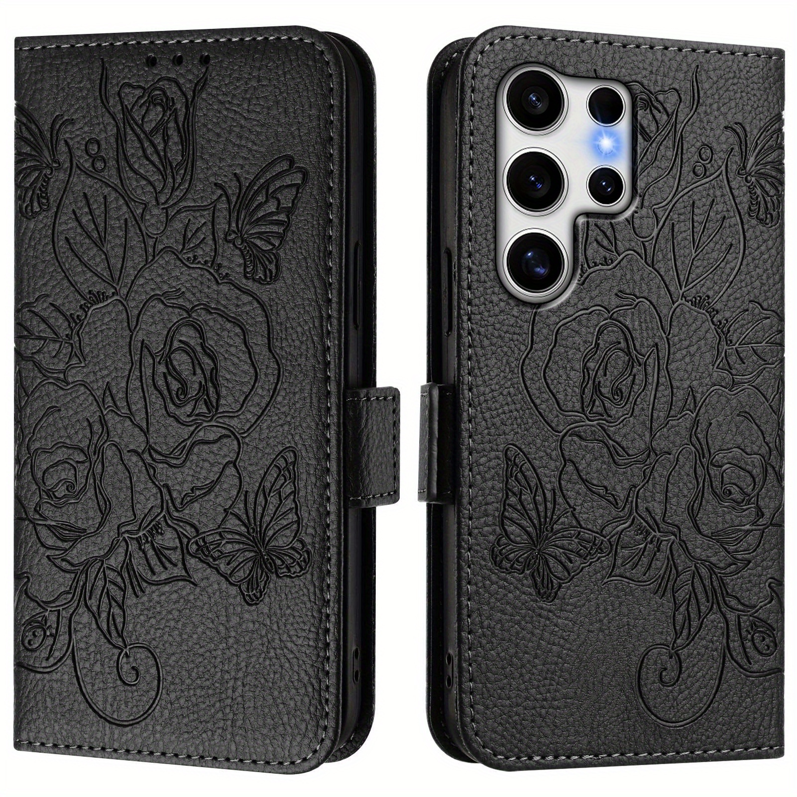 TEMU Creative Printed Black Rose Anti-skimming Strap Wallet Phone Case Suitable Galaxy S25 Ultra/s24 Plus/s23 Fe/s22 5g/s21 /s20/s10 E/s9 Plus/s8/s7