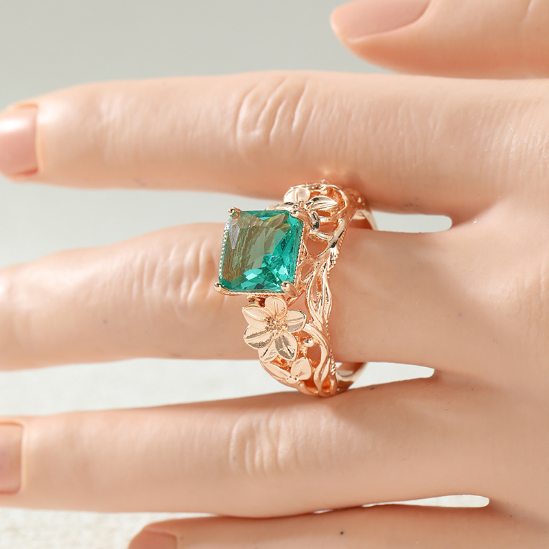 Square Green Tone Synthetic Zirconia Hollow Carved Women's Ring