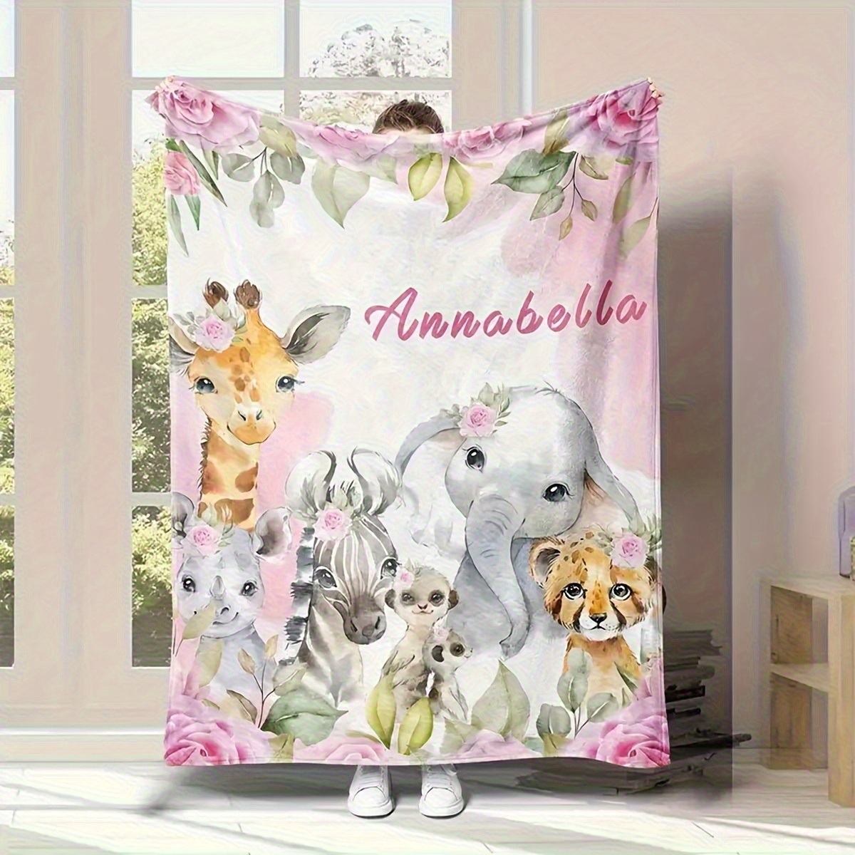 Custom Name Animal Blanket Featuring Giraffes, Elephants, and Zebras