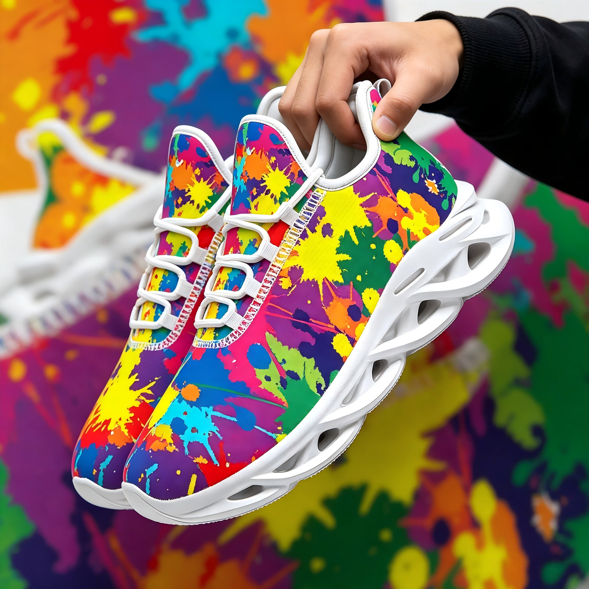 TEMU Individual Multicolor Splatter Trendy Men's Running Shoes, Anti-slip Hollow Out Thick Sole, Breathable Non-stuffy, Cool Artistic Print, Casual