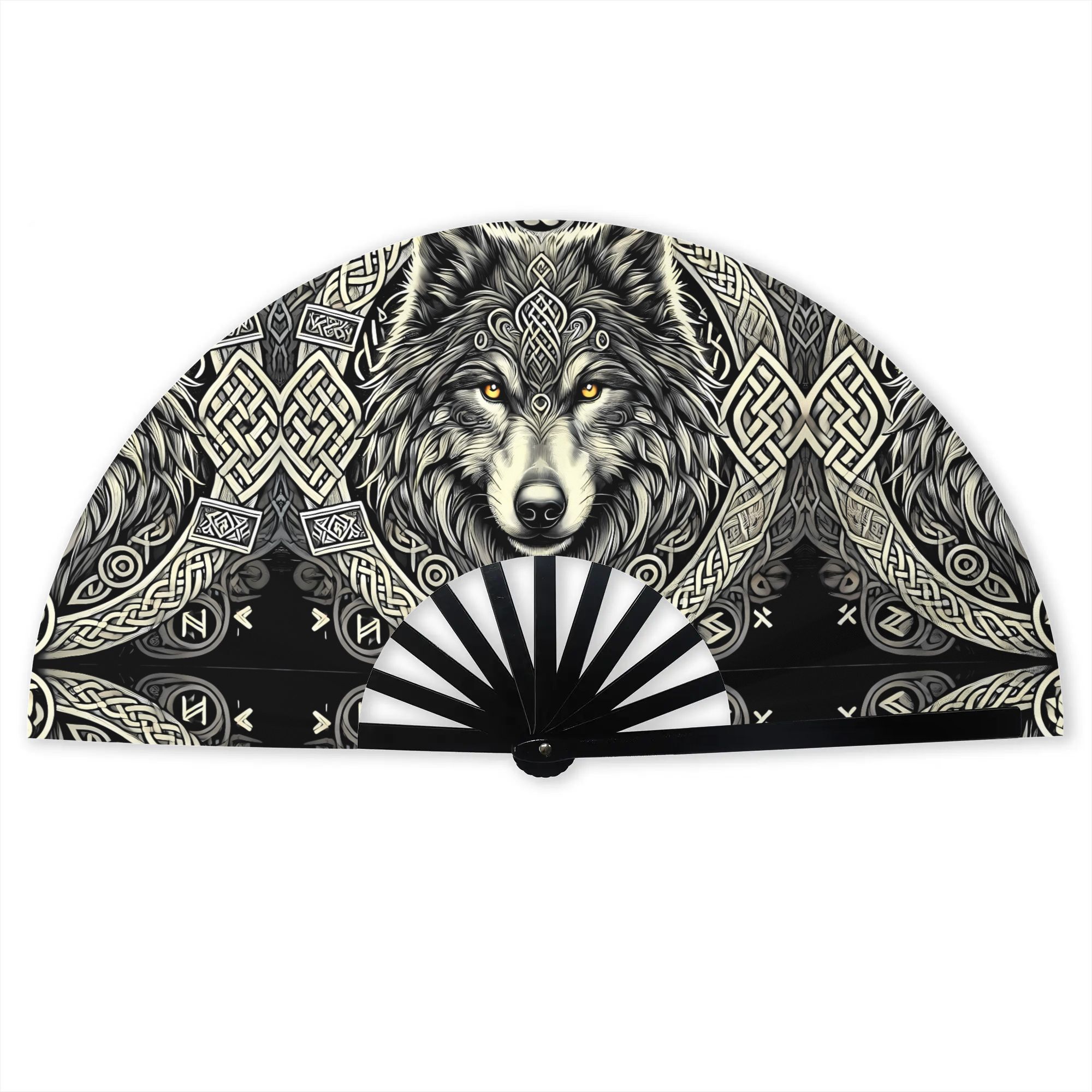 TEMU 2d Print Design Viking Wolf Folding Hand Fan For Outdoor Camping Parties Street Style Additions Creative Fashion Prop Party Accessory, Without