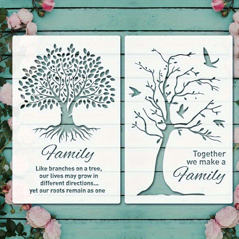 TEMU Ensemble de 2 Modèles Réutilisables pour Peinture d'Arbre de Vie et Arbre Généalogique, Modèles DIY, Modèles d'Arbres et Fleurs - Modèle Blanc