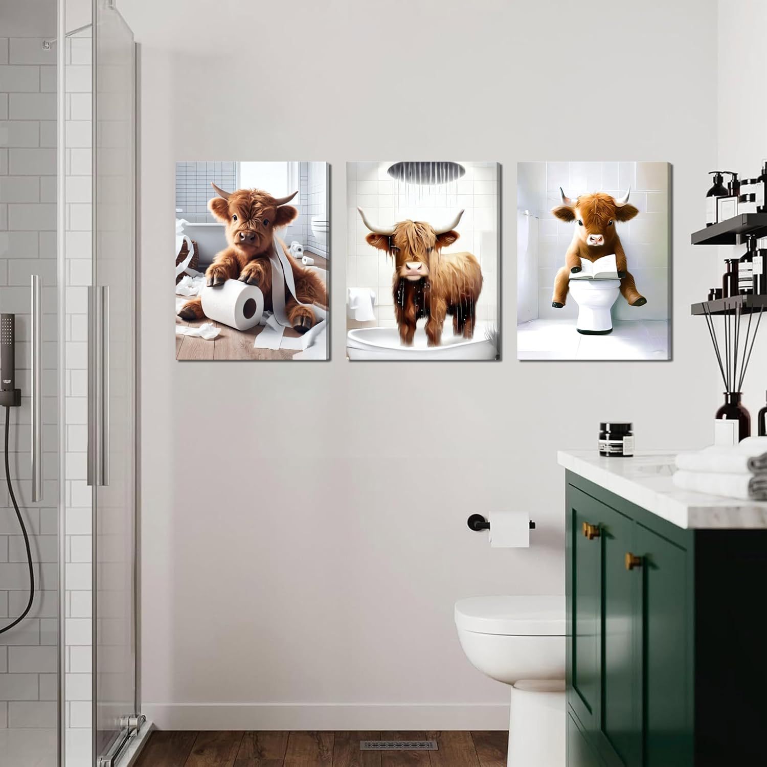 2Pcs Framed Funny Highland Cow Bathroom Canvas Wall Art Cute Cow in Toilet Wall Decor Pictures Humor Animals Bathroom Artwork Prints 16x24in