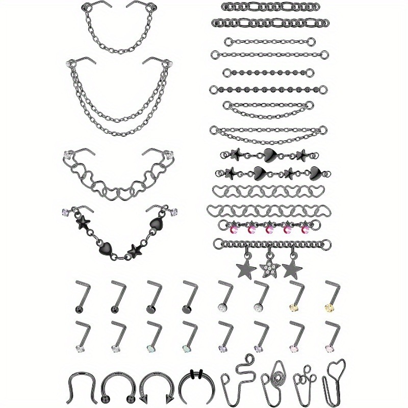 Image of 38pcs 20g Nose Rings Studs With Chains African Nose Ring Cuff Horseshoe Septum Rings Stainless Steel Star Heart Nose Ring Chain Piercing Jewelry Set For Women Men