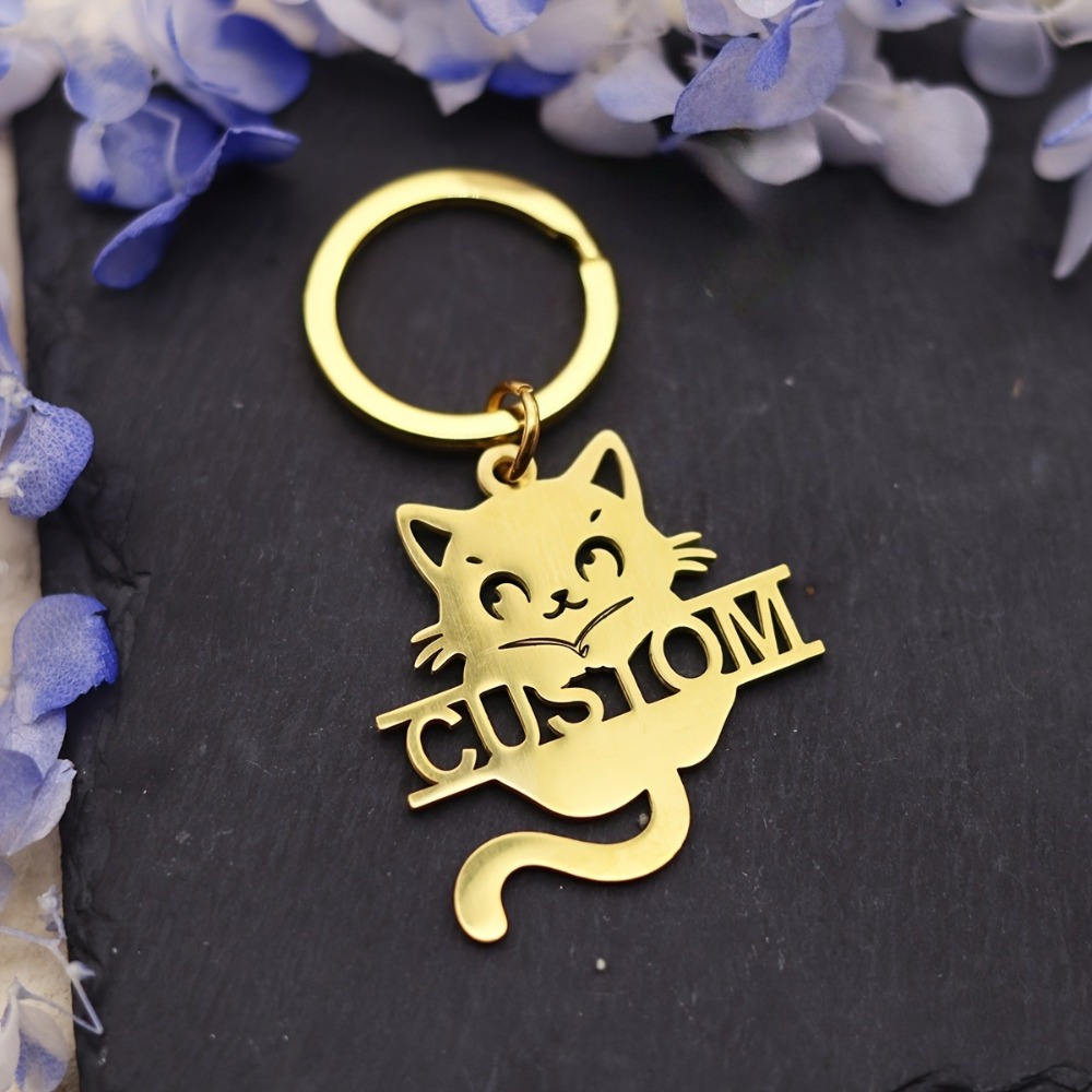 TEMU 【名入れ可能】猫 キーホルダー - レーザーカット ステンレス製 ペット キーリング かわいい猫デザイン、丈夫な誕生日プレゼント メンズ＆猫好き向け、ゴールデンアクセサリー、品、精密彫刻