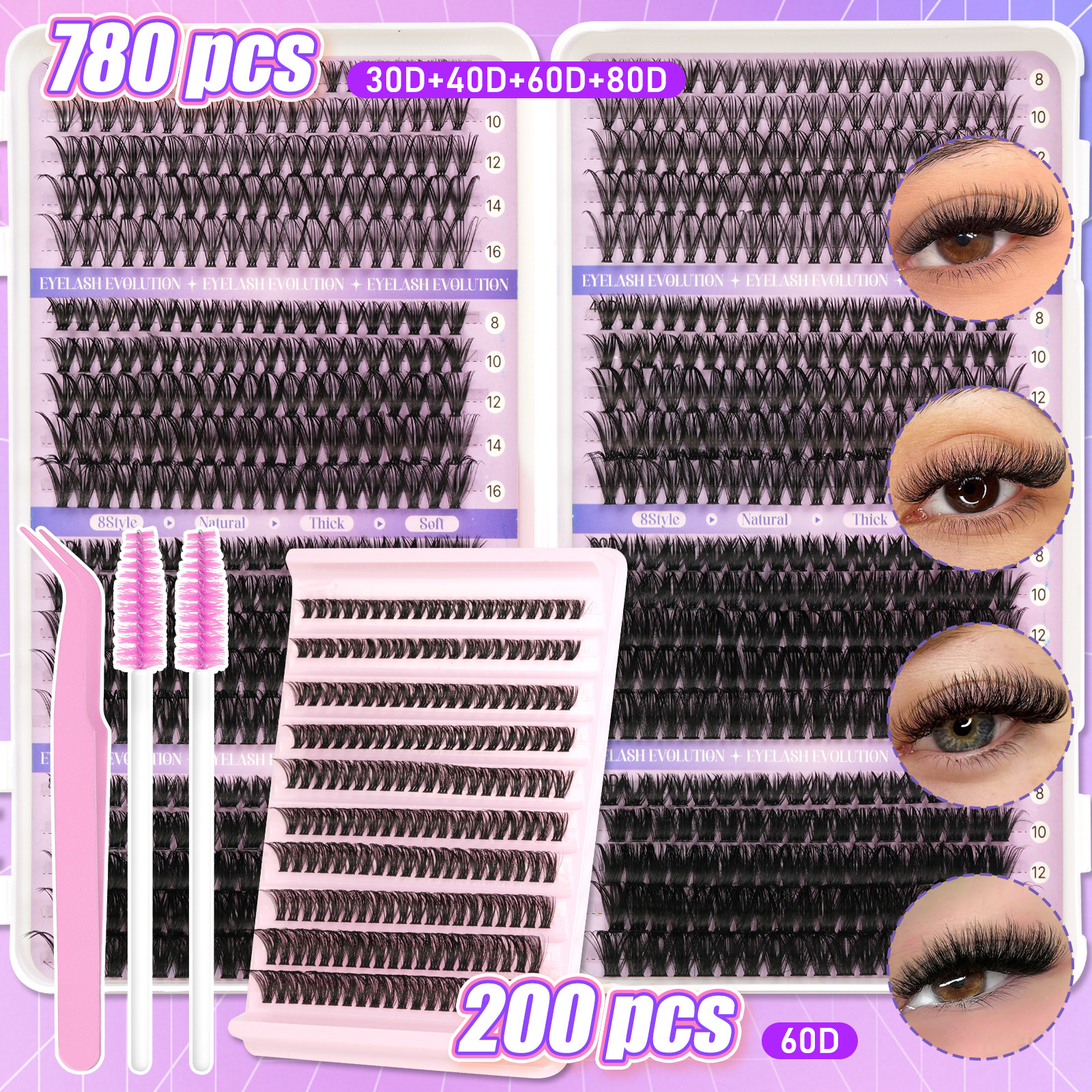 780pcs 200pcs large capacity eyelash book set mixed style 30d 40d 60d 80d cluster pack d   individual lash clusters tweezers and 2 brushes fluffy and extra thick d   eyelash extensions 9 16mm natural dense style for beginner