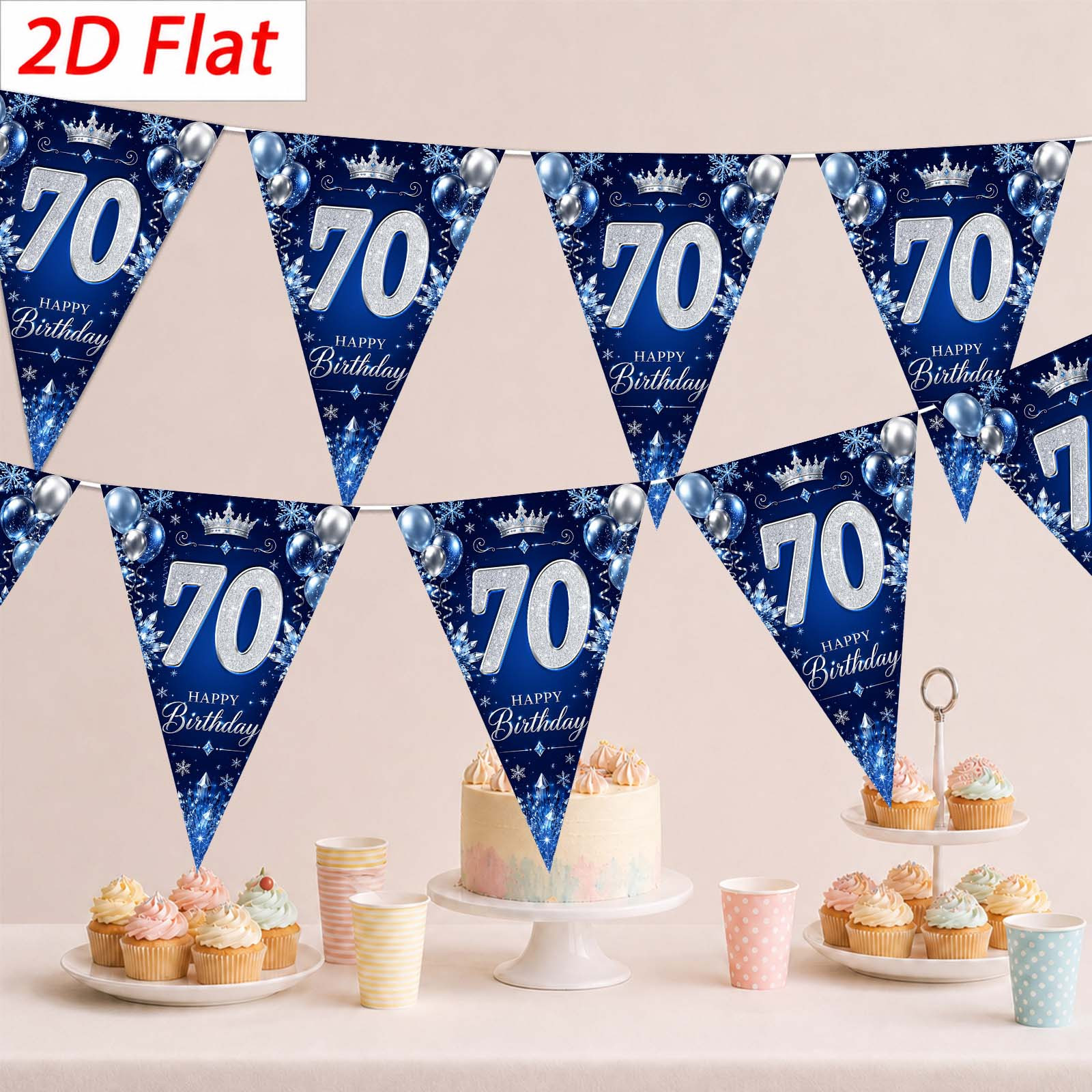 TEMU 2d Flat, 2d Flat Banner Party Pennant, 10pcs, Material, 70th Birthday Triangle Pennant Decoration, Blue And Silvery Combination, Birthday Theme