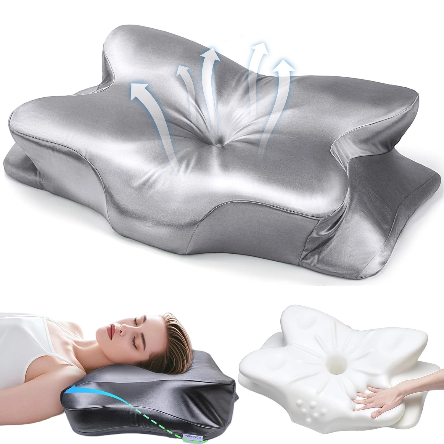 Pillow With Silver-gray Pillowcase | For Side, Stomach, Back Sleepers |, Spot-, Silvery Color By Anikers