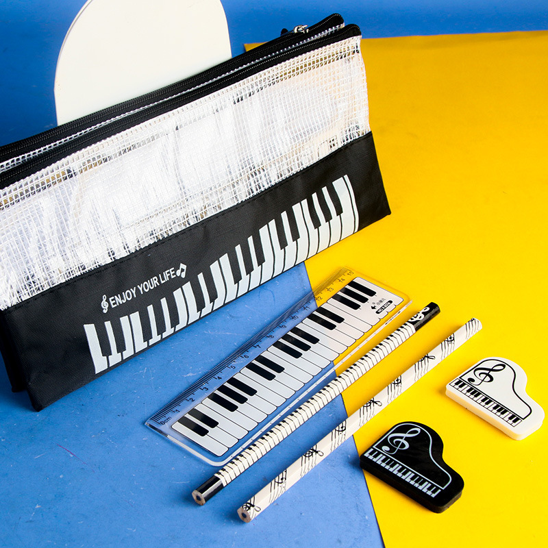 音楽文具セット6点 ピアノ音符バッグ 定規 鉛筆2本 消しゴム2個 広告