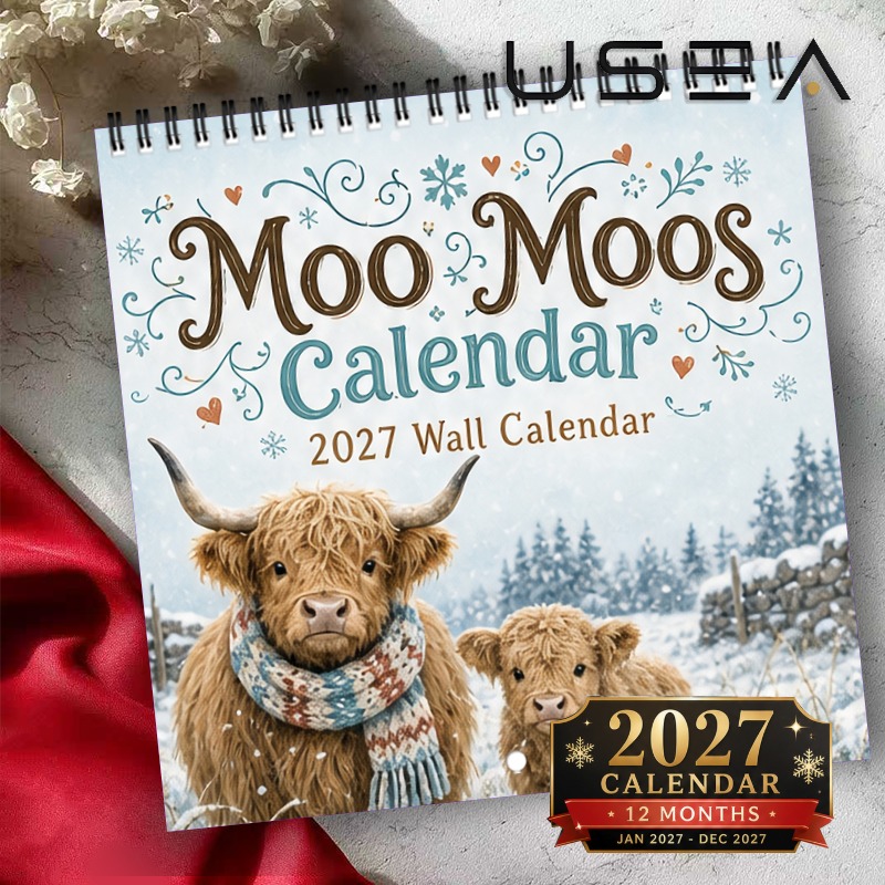 TEMU Calendrier Mural 2027 Calendrier Mural Vache Highland 2027, Calendrier Mural Suspendu 12 Mois avec Reliure Spirale à Double Fil, Carré 8,3x8,3