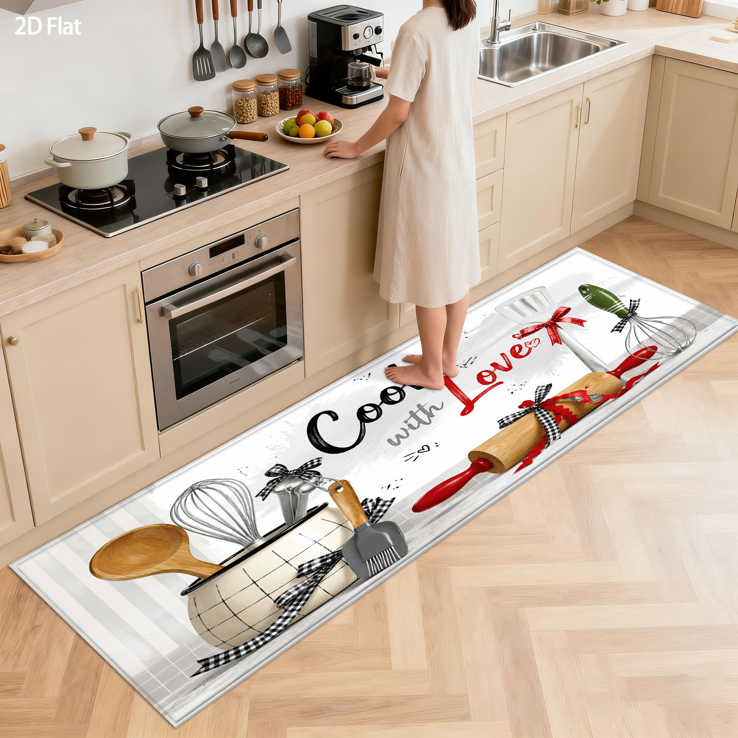 TEMU 2d Flat 1pc Kitchen Hallway Long Runner Rug, Warm Kitchen Utensils, Home Decor Hallway Bedside Mat, Suitable For Room, Laundry Room, Balcony,
