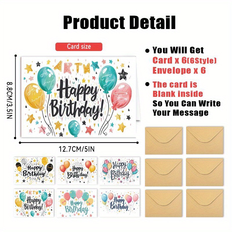 TEMU 12pcs Birthday Card Set With Envelopes, Colorful Balloon And - Suitable For Valentine's Day, Easter, Mother's Day, Father's Day, Halloween,