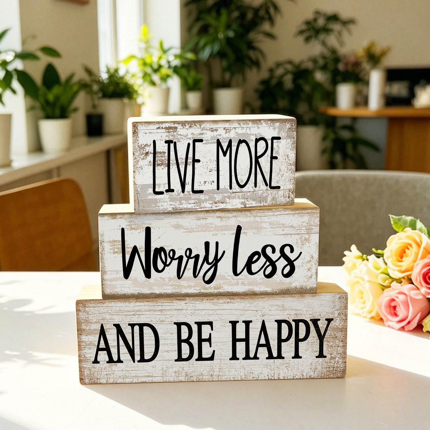 TEMU Lot de 3 pièces Décoration de table de ferme en bois « Live More And », Panneau en bois rustique avec , Pièce maîtresse pour plateau à étages,