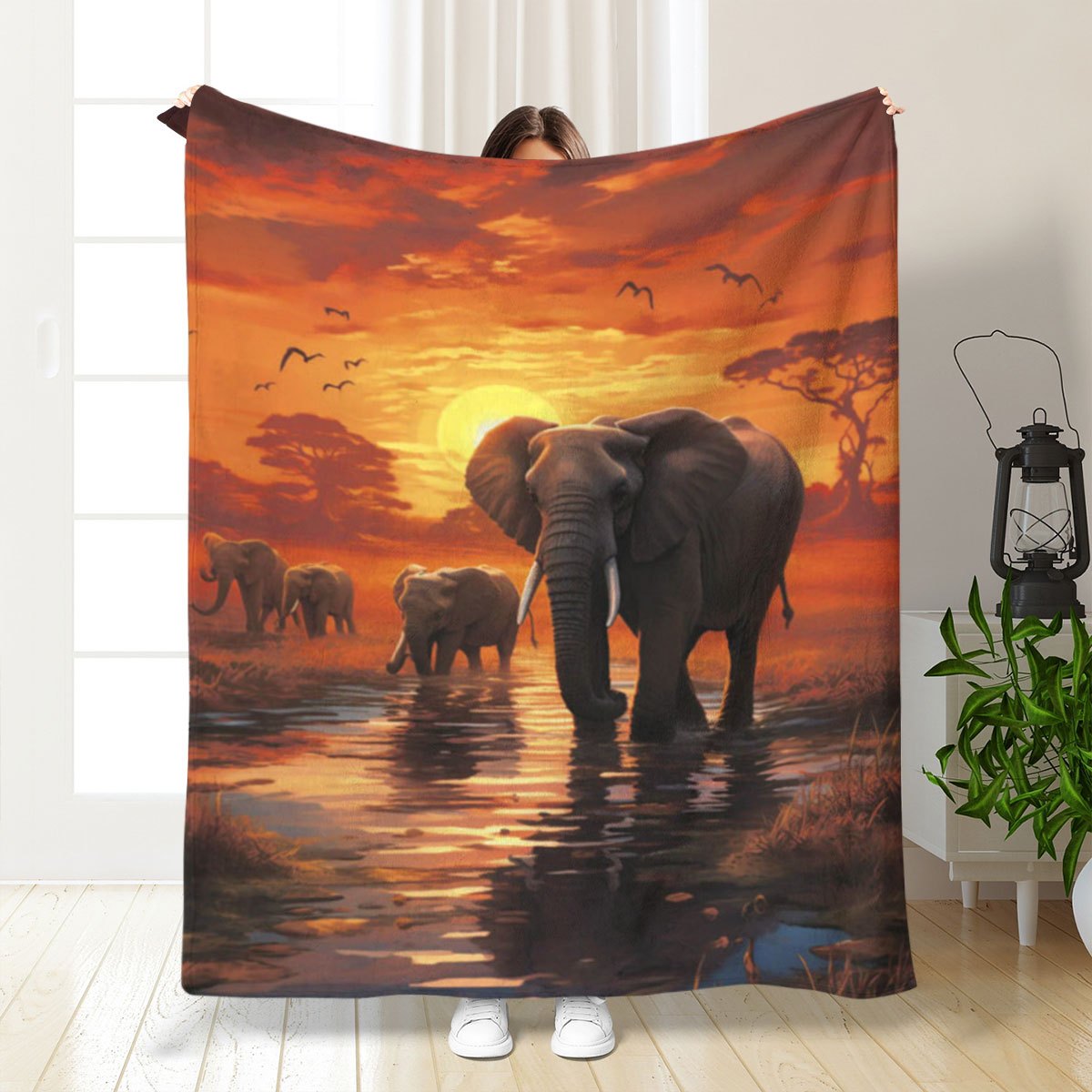 

1pc Elephant Sunset Print Fleece Blanket - Cozy, Polyester Throw With Vibrant Colors For Home, Bedroom, Outdoor Camping & - Stain-resistant, Ideal Gift For