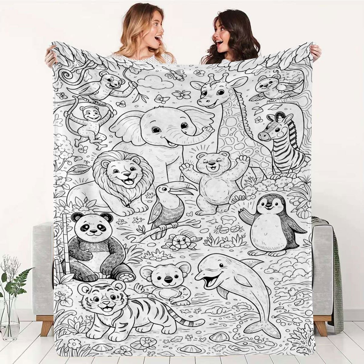 TEMU 1pc 2d Flat Zoo Line Art Flannel Blanket - 100% Polyester Fiber, Suitable For , Light And Warm, To Beds, Sofas, And , Featuring A Whimsical And