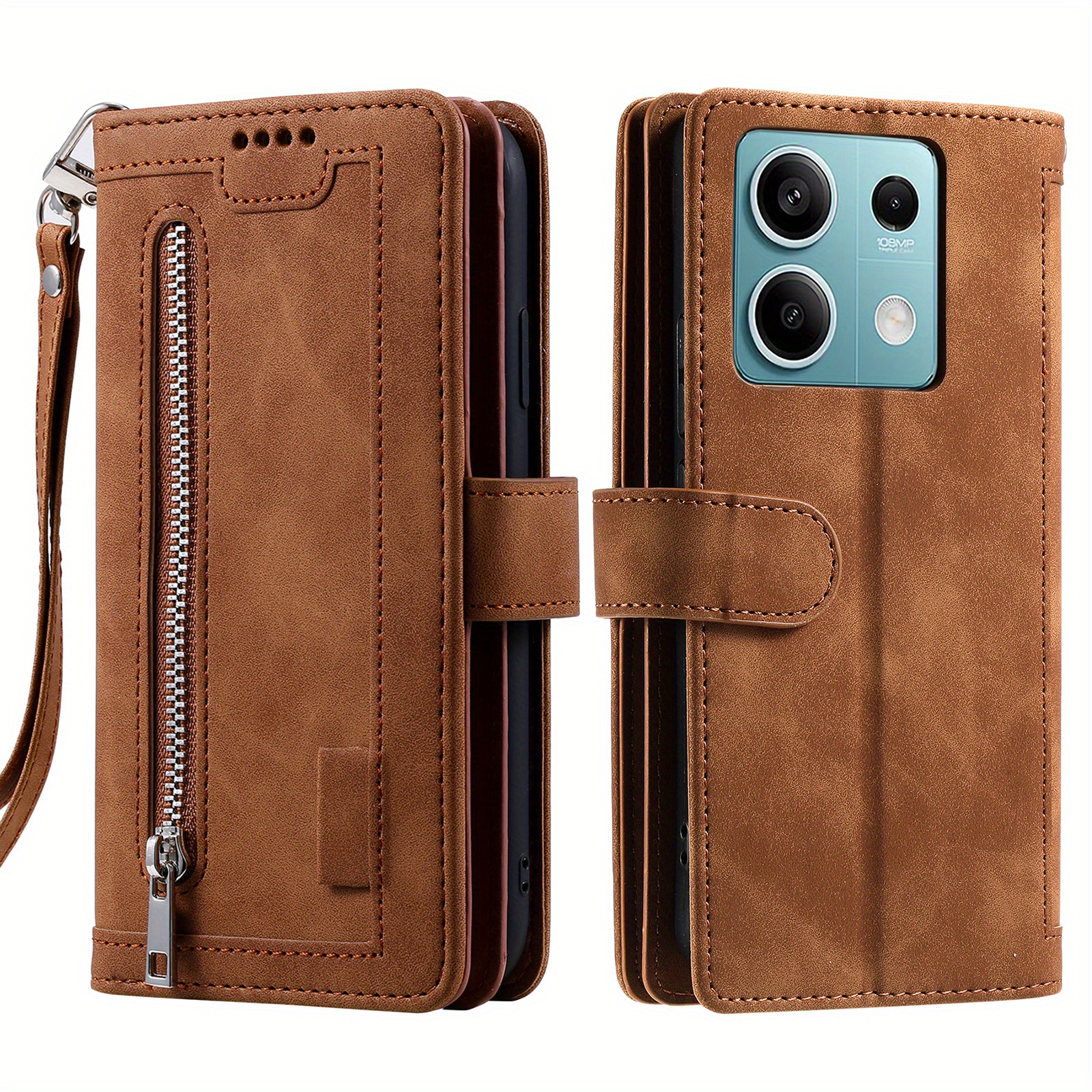 TEMU Brown 9 Zipper Phone Case, Retro Fashion Faux Leather Anti-drop Wallet Style With Detachable Strap Design Stand Suitable For Moto G05/e15/moto